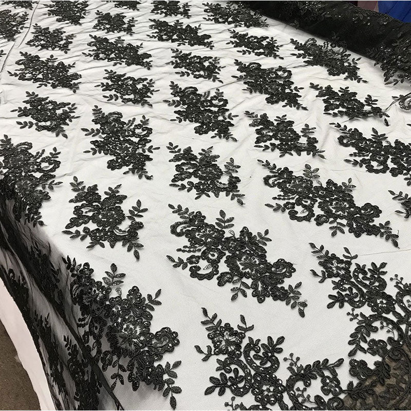 Modern Flower Design Metallic Embroidered Cord Prom With Sequins Mesh Lace FabricICE FABRICSICE FABRICSBlackModern Flower Design Metallic Embroidered Cord Prom With Sequins Mesh Lace Fabric ICE FABRICS