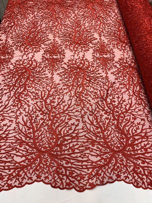 Tree Design Floral Embroidered Mesh Lace Fabric Sold By The YardICEFABRICICE FABRICSBurgundyTree Design Floral Embroidered Mesh Lace Fabric Sold By The Yard ICEFABRIC