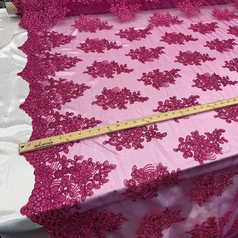 Embroidered Mesh lace Floral Design Fabric With Sequins By The YardICEFABRICICE FABRICSFuchsiaEmbroidered Mesh lace Floral Design Fabric With Sequins By The Yard ICEFABRIC Fuchsia