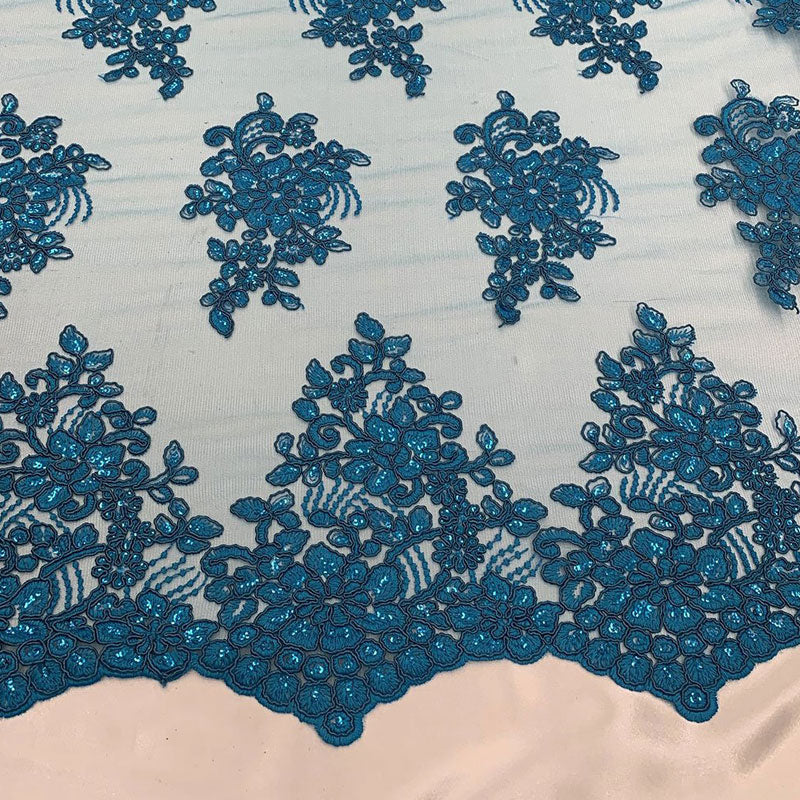 Embroidered Mesh lace Floral Design Fabric With Sequins By The YardICEFABRICICE FABRICSFuchsiaEmbroidered Mesh lace Floral Design Fabric With Sequins By The Yard ICEFABRIC Turquoise