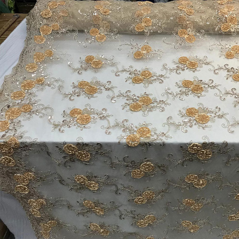 Embroidered Mesh Lace Flower Design With Sequins FabricICEFABRICICE FABRICSChampagneEmbroidered Mesh Lace Flower Design With Sequins Fabric ICEFABRIC Gold