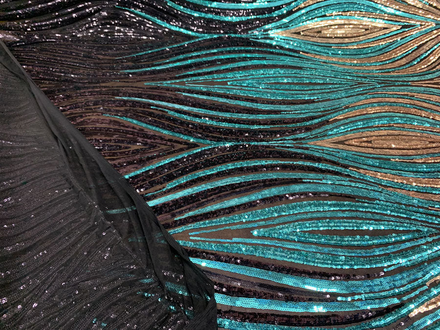 New Wavy Geometric Prom 4 Way Stretch Sequins Fabric by the YardICEFABRICICE FABRICSBlack Gold Green On Black Mesh1 YARDNew Wavy Geometric Prom 4 Way Stretch Sequins Fabric by the Yard ICEFABRIC