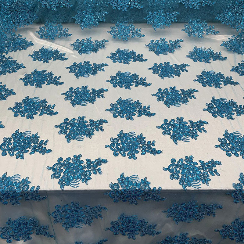 Embroidered Mesh lace Floral Design Fabric With Sequins By The YardICEFABRICICE FABRICSTurquoiseEmbroidered Mesh lace Floral Design Fabric With Sequins By The Yard ICEFABRIC Turquoise
