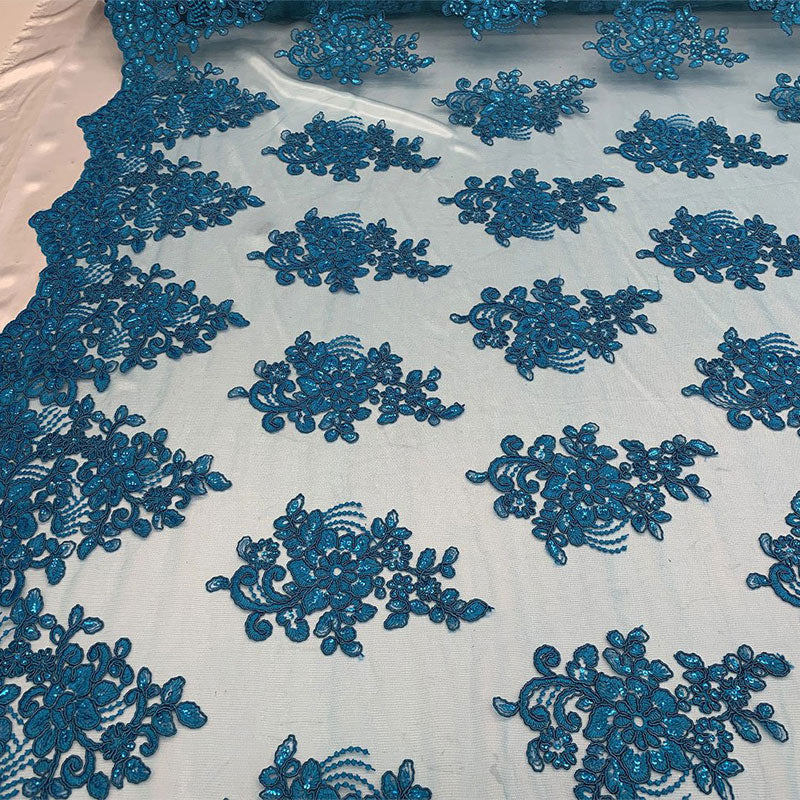 Embroidered Mesh lace Floral Design Fabric With Sequins By The YardICEFABRICICE FABRICSTurquoiseEmbroidered Mesh lace Floral Design Fabric With Sequins By The Yard ICEFABRIC Turquoise
