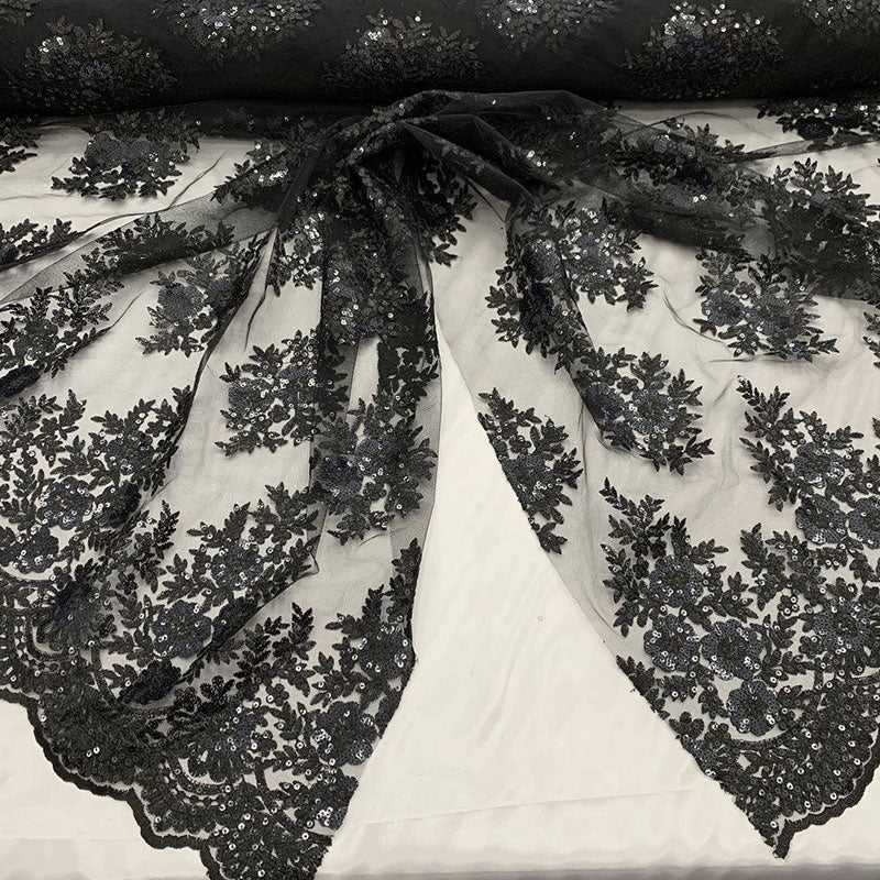 Embroidered Corded Metallic Flowers On Mesh Lace Fabric With SequinsICEFABRICICE FABRICSBlackEmbroidered Corded Metallic Flowers On Mesh Lace Fabric With Sequins ICEFABRIC Black