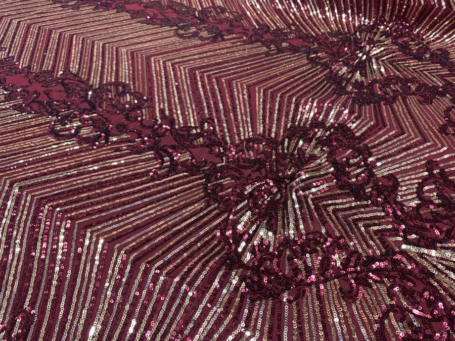 Nadia 4 Way Stretch Sequin Spandex Embroidered Fabric Sold By The YardICE FABRICSICE FABRICSBurgundy Gold On Burgundy Mesh1 YardNadia 4 Way Stretch Sequin Spandex Embroidered Fabric Sold By The Yard ICE FABRICS