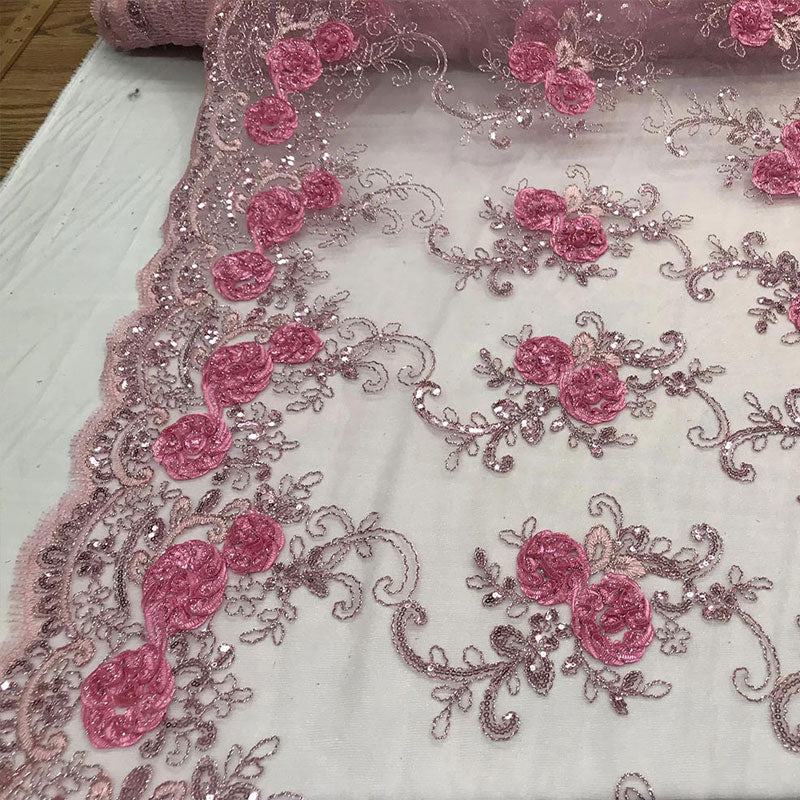 Embroidered Mesh Lace Flower Design With Sequins FabricICEFABRICICE FABRICSPinkEmbroidered Mesh Lace Flower Design With Sequins Fabric ICEFABRIC Pink