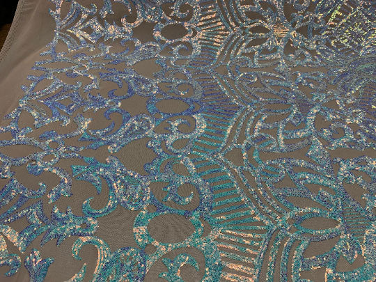 London Design 4 WAY Stretch Sequins Fabric SpandexICEFABRICICE FABRICSSky Blue on Nude MeshLondon Design 4 WAY Stretch Sequins Fabric Spandex ICEFABRIC Sky Blue on Nude Mesh