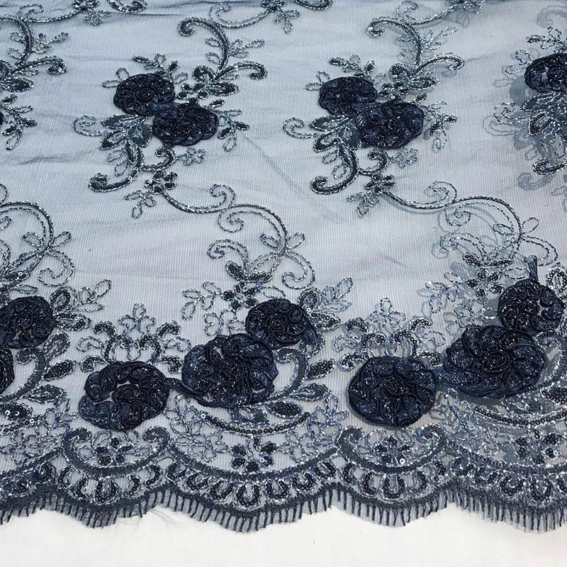 Embroidered Mesh Lace Flower Design With Sequins FabricICEFABRICICE FABRICSNavy BlueEmbroidered Mesh Lace Flower Design With Sequins Fabric ICEFABRIC Navy Blue
