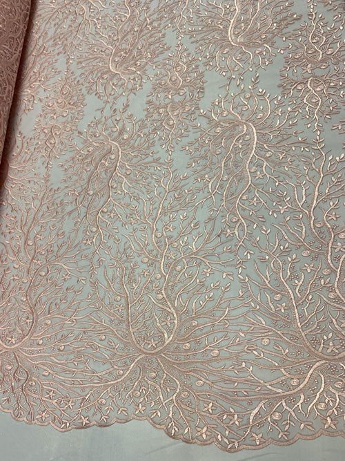 Tree Design Floral Embroidered Mesh Lace Fabric Sold By The YardICEFABRICICE FABRICSLight PinkTree Design Floral Embroidered Mesh Lace Fabric Sold By The Yard ICEFABRIC