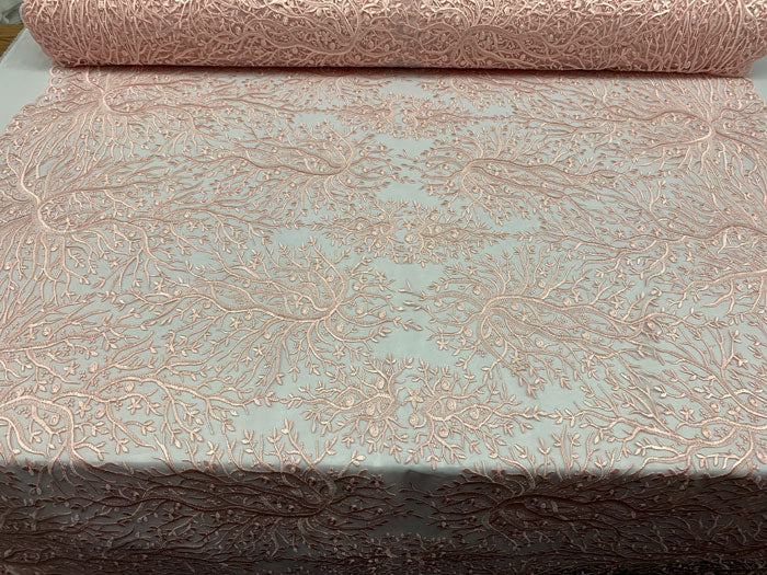 Tree Design Floral Embroidered Mesh Lace Fabric Sold By The YardICEFABRICICE FABRICSLight PinkTree Design Floral Embroidered Mesh Lace Fabric Sold By The Yard ICEFABRIC