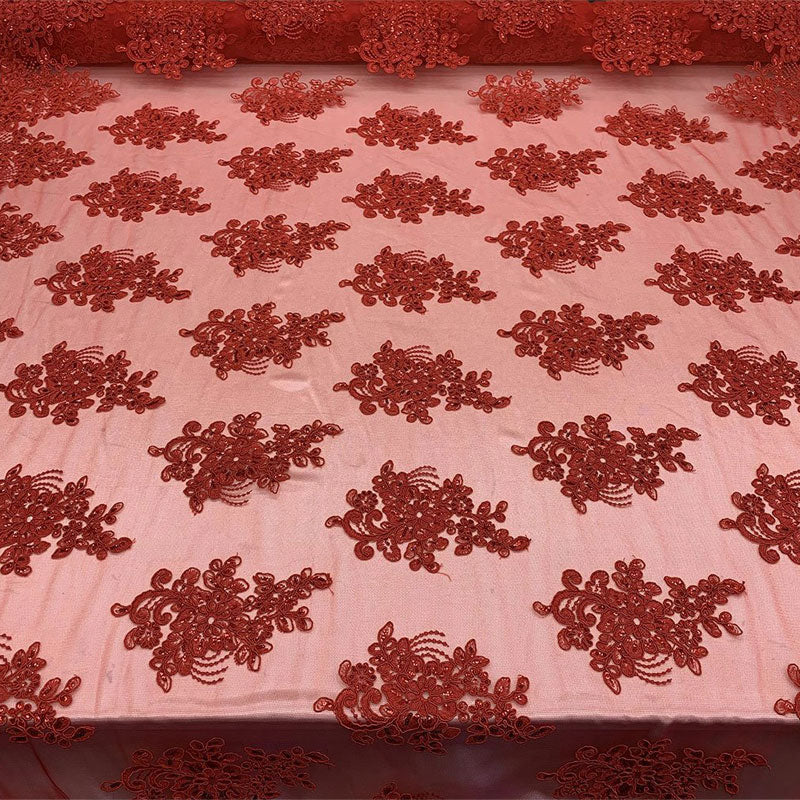 Embroidered Mesh lace Floral Design Fabric With Sequins By The YardICEFABRICICE FABRICSRedEmbroidered Mesh lace Floral Design Fabric With Sequins By The Yard ICEFABRIC Red