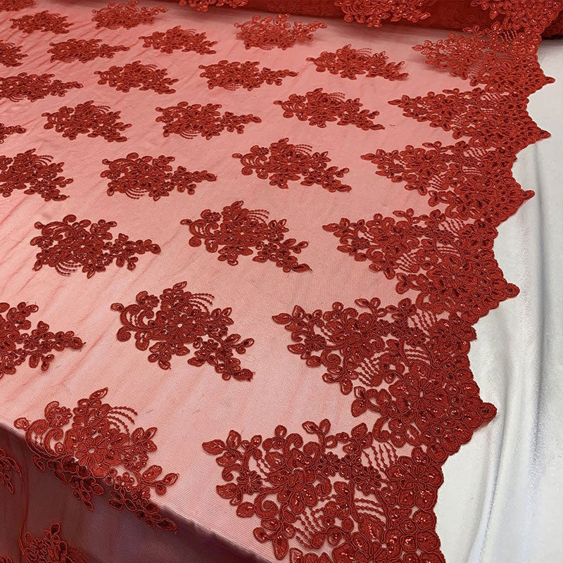 Embroidered Mesh lace Floral Design Fabric With Sequins By The YardICEFABRICICE FABRICSRedEmbroidered Mesh lace Floral Design Fabric With Sequins By The Yard ICEFABRIC Red