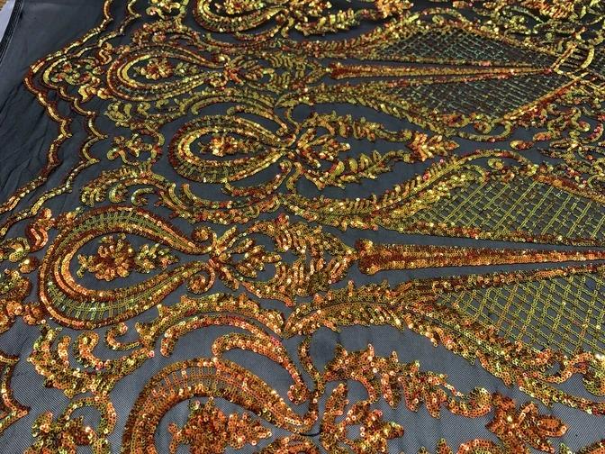 BY THE YARD/ Geometric Design Mesh Lace Fabric Sequins 4 Way Stretch On A White Mesh/Handmade Lace Embroider Prom/Gowns/Wedding DressICE FABRICSICE FABRICSPurple &GreenBY THE YARD/ Geometric Design Mesh Lace Fabric Sequins 4 Way Stretch On A White Mesh/Handmade Lace Embroider Prom/Gowns/Wedding Dress ICE FABRICS Orange