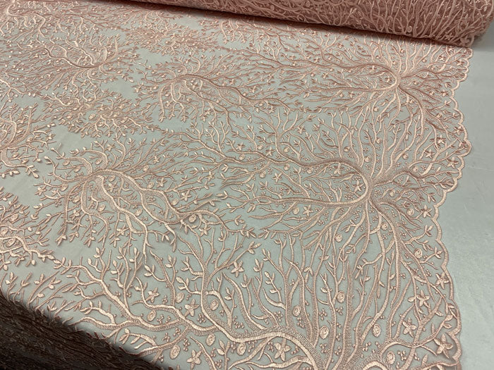 Tree Design Floral Embroidered Mesh Lace Fabric Sold By The YardICEFABRICICE FABRICSLight PinkTree Design Floral Embroidered Mesh Lace Fabric Sold By The Yard ICEFABRIC