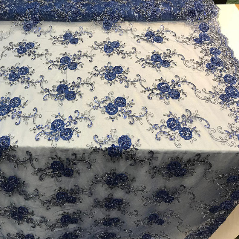 Embroidered Mesh Lace Flower Design With Sequins FabricICEFABRICICE FABRICSRoyal BlueEmbroidered Mesh Lace Flower Design With Sequins Fabric ICEFABRIC Royal Blue
