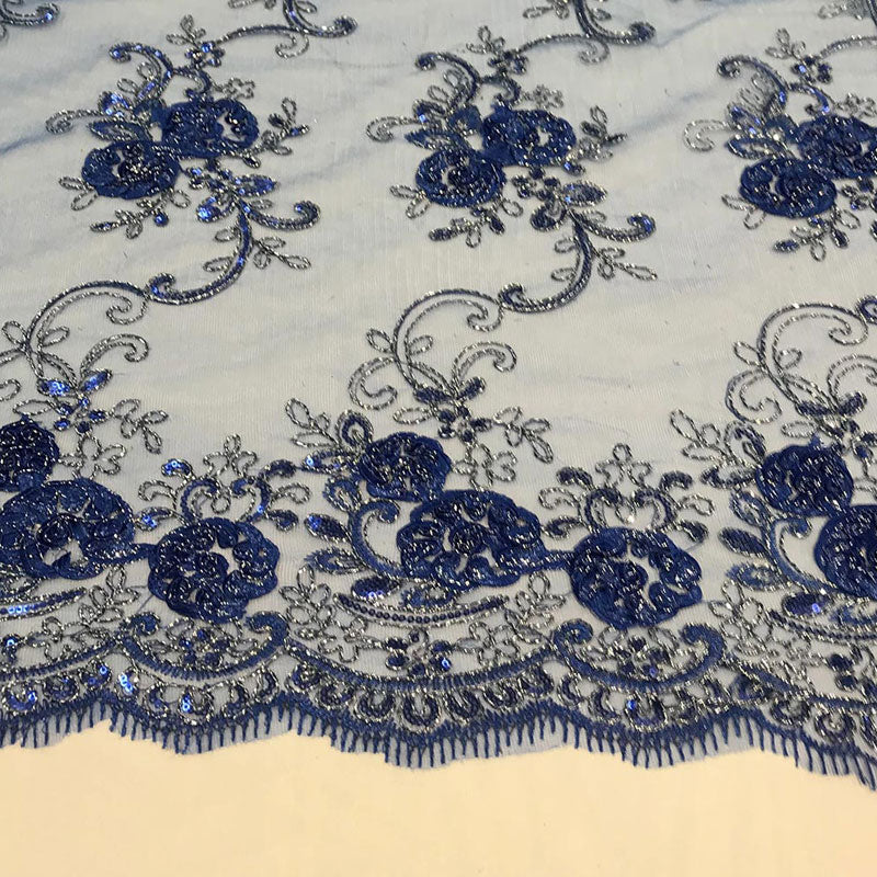 Embroidered Mesh Lace Flower Design With Sequins FabricICEFABRICICE FABRICSRoyal BlueEmbroidered Mesh Lace Flower Design With Sequins Fabric ICEFABRIC Royal Blue