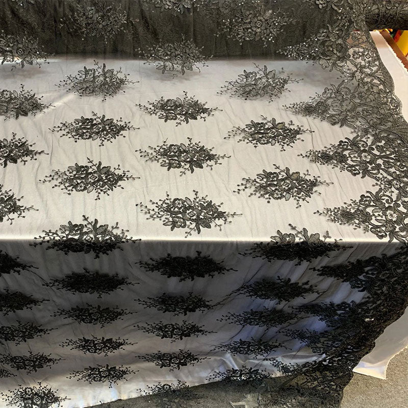 Hand Made Mesh Floral Lace Embroidery Fabric By The YardICEFABRICICE FABRICSIvoryHand Made Mesh Floral Lace Embroidery Fabric By The Yard ICEFABRIC Black