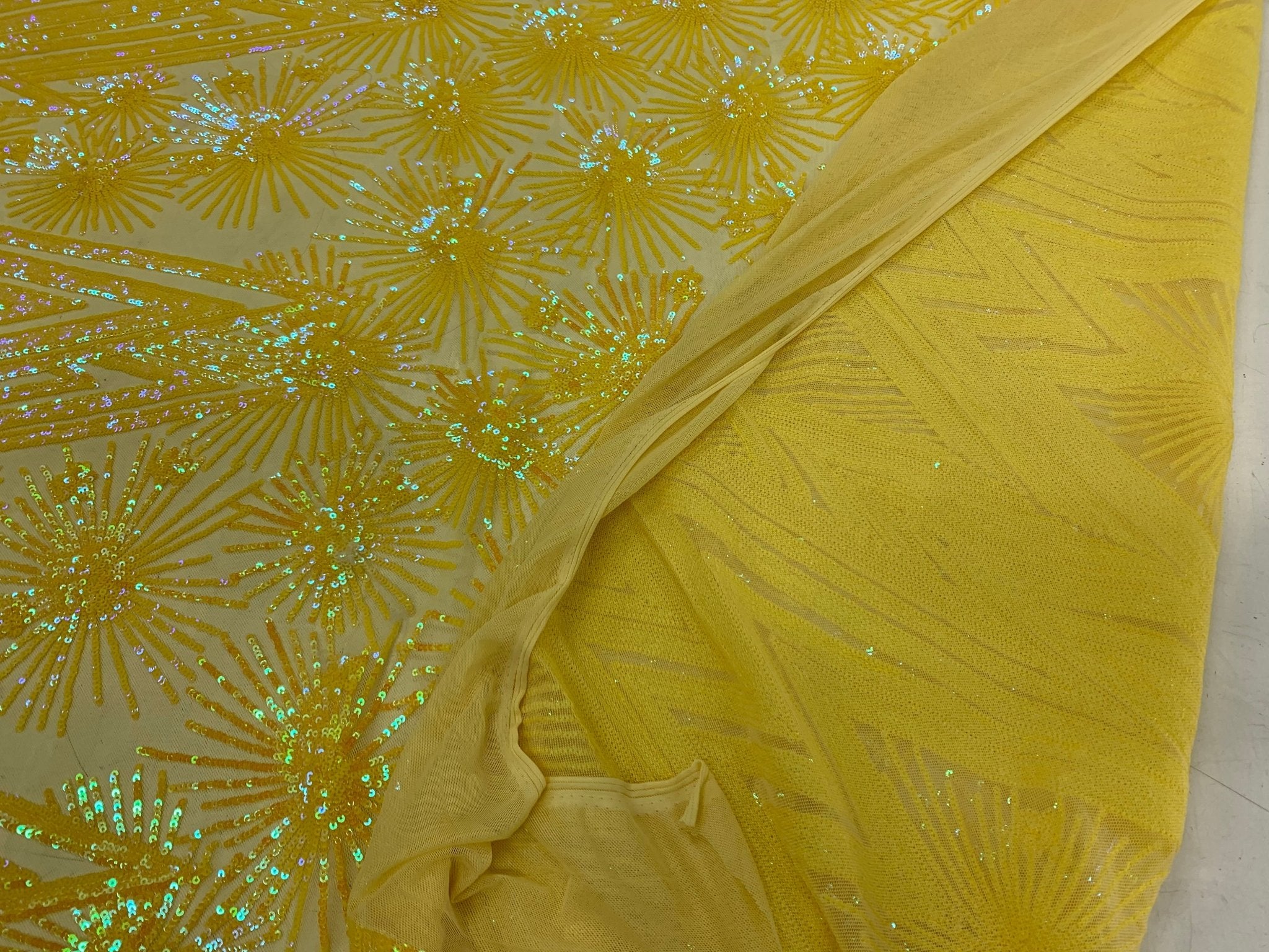 4 Way Stretch Iridescent Geometric Sequin Embroidered Mesh Lace FabricICEFABRICICE FABRICSYellow IridescentBy The Yard (58" Wide)4 Way Stretch Iridescent Geometric Sequin Embroidered Mesh Lace Fabric ICEFABRIC |Yellow Iridescent