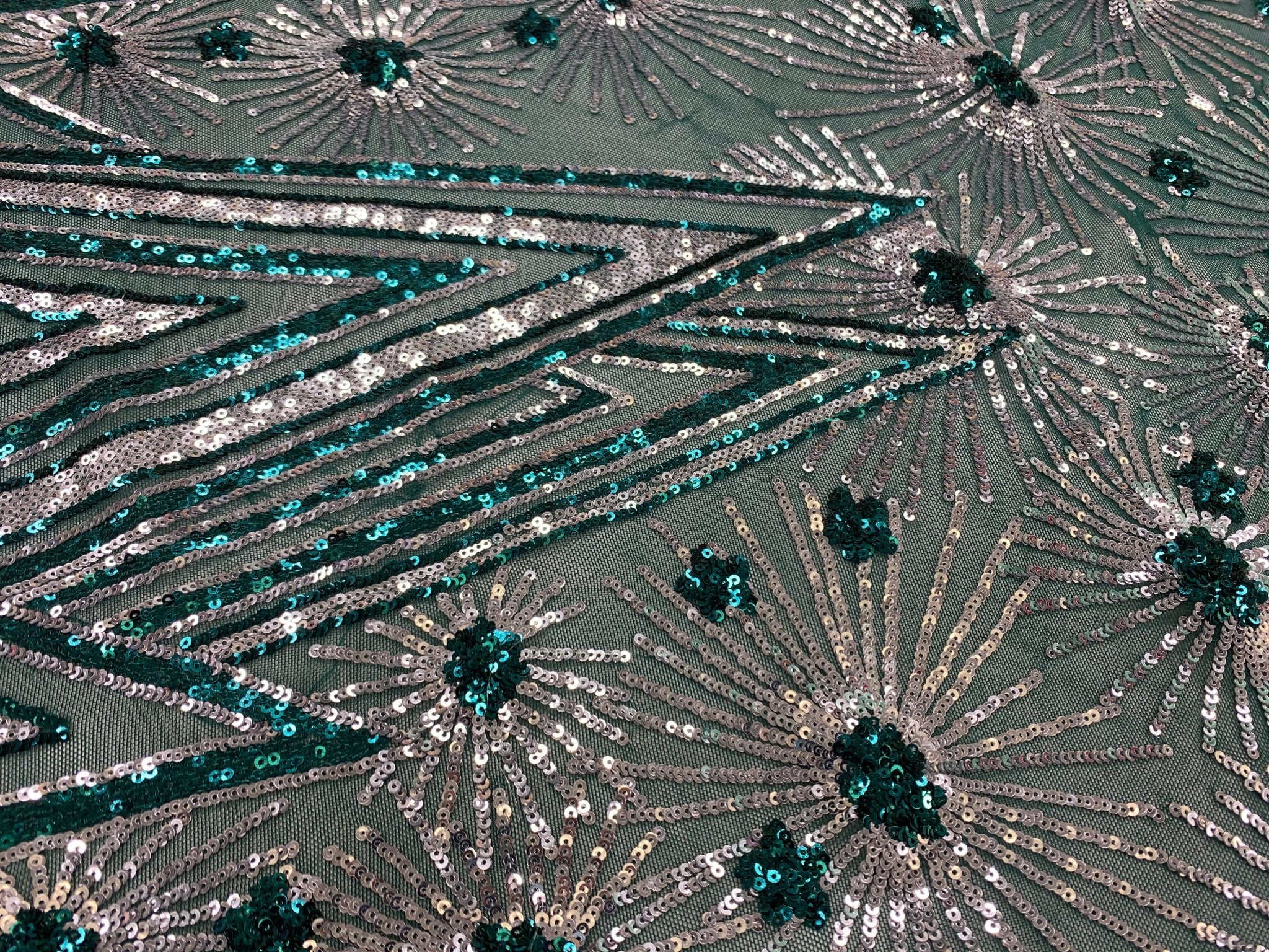 4 Way Stretch Iridescent Geometric Sequin Embroidered Mesh Lace FabricICEFABRICICE FABRICSHunter Green IridescentBy The Yard (58" Wide)4 Way Stretch Iridescent Geometric Sequin Embroidered Mesh Lace Fabric ICEFABRIC |Hunter Green Iridescent