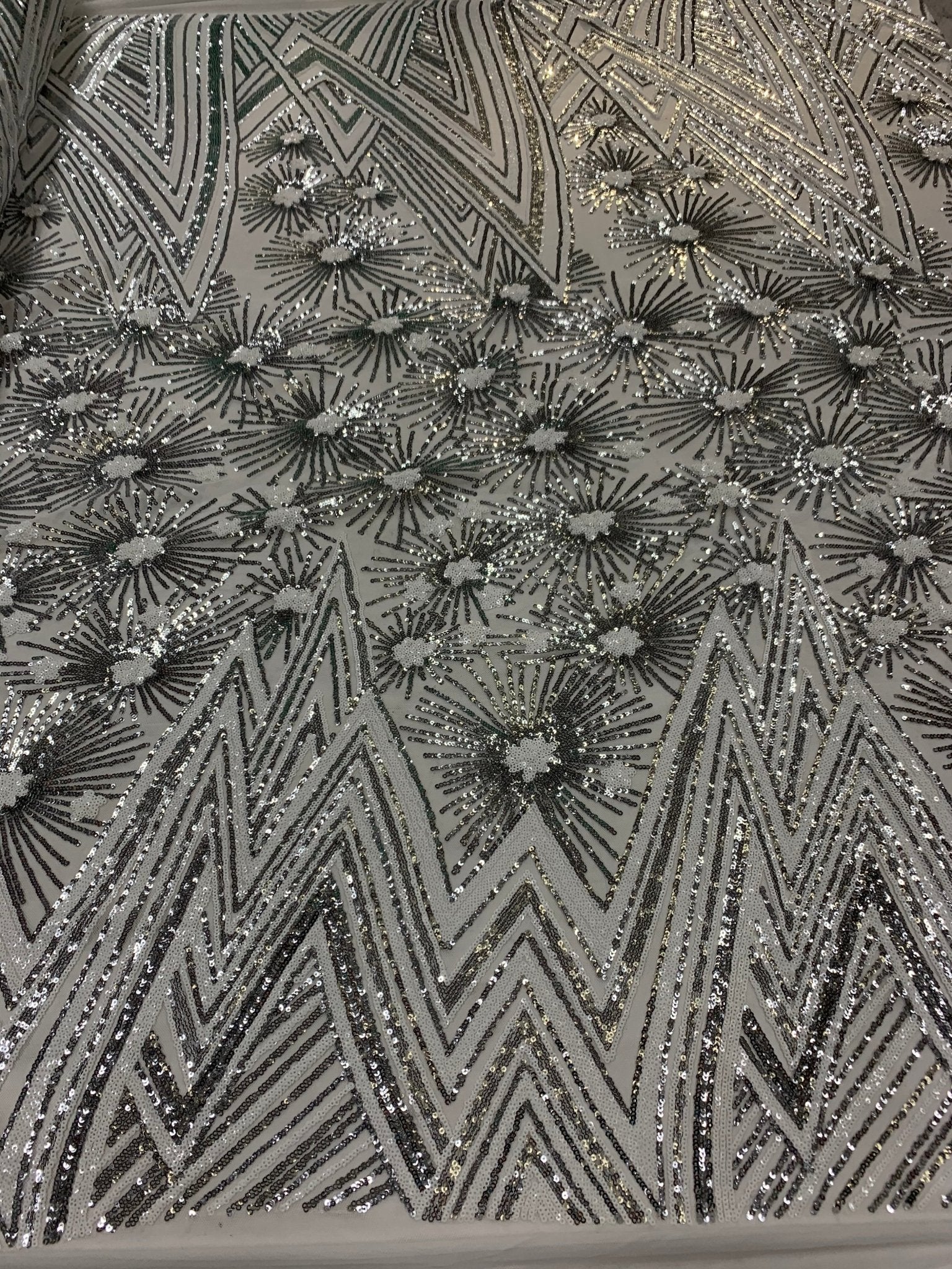 4 Way Stretch Iridescent Geometric Sequin Embroidered Mesh Lace FabricICEFABRICICE FABRICSSilver IridescentBy The Yard (58" Wide)4 Way Stretch Iridescent Geometric Sequin Embroidered Mesh Lace Fabric ICEFABRIC |Silver Iridescent