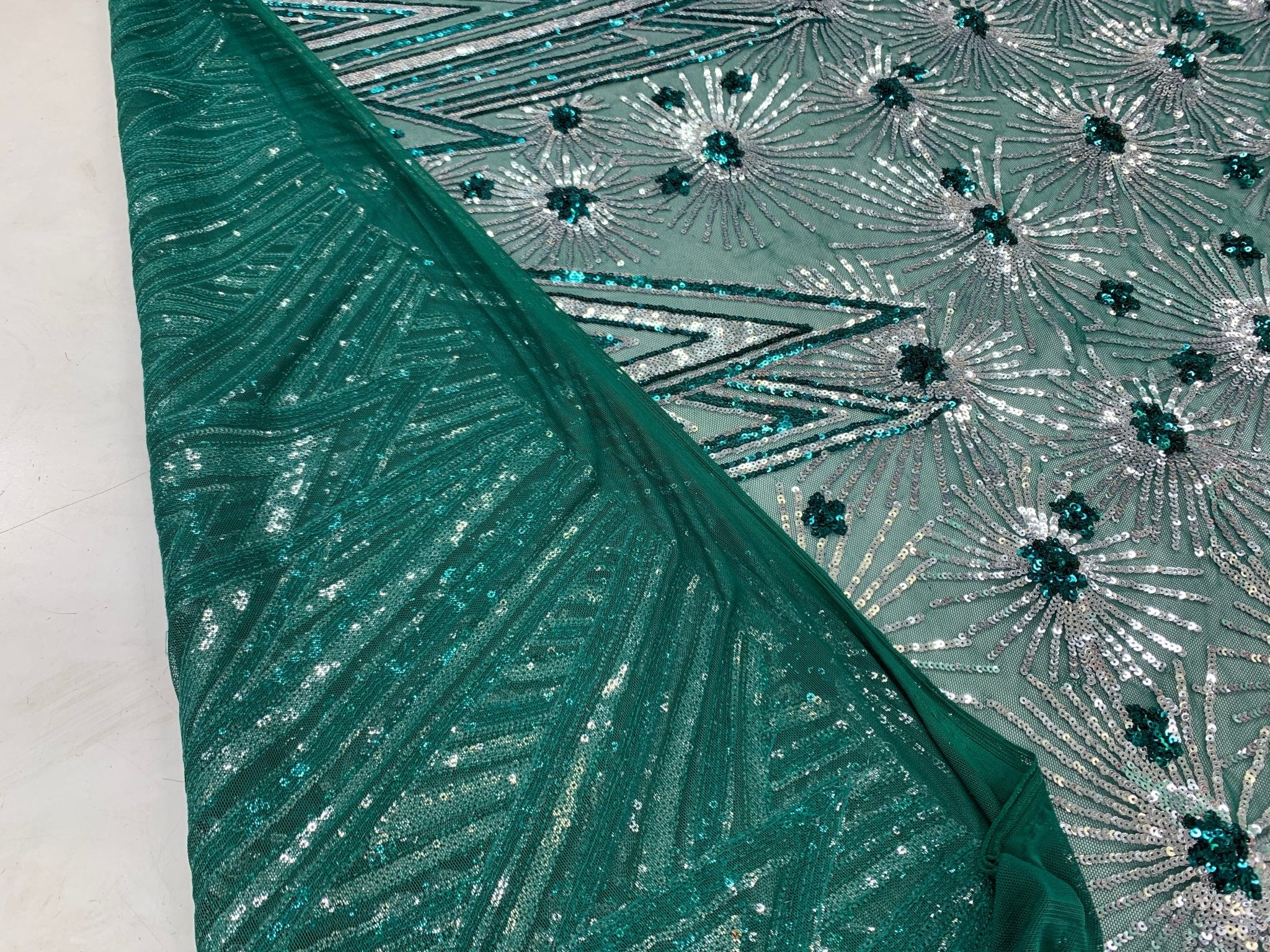 4 Way Stretch Iridescent Geometric Sequin Embroidered Mesh Lace FabricICEFABRICICE FABRICSHunter Green IridescentBy The Yard (58" Wide)4 Way Stretch Iridescent Geometric Sequin Embroidered Mesh Lace Fabric ICEFABRIC |Hunter Green Iridescent