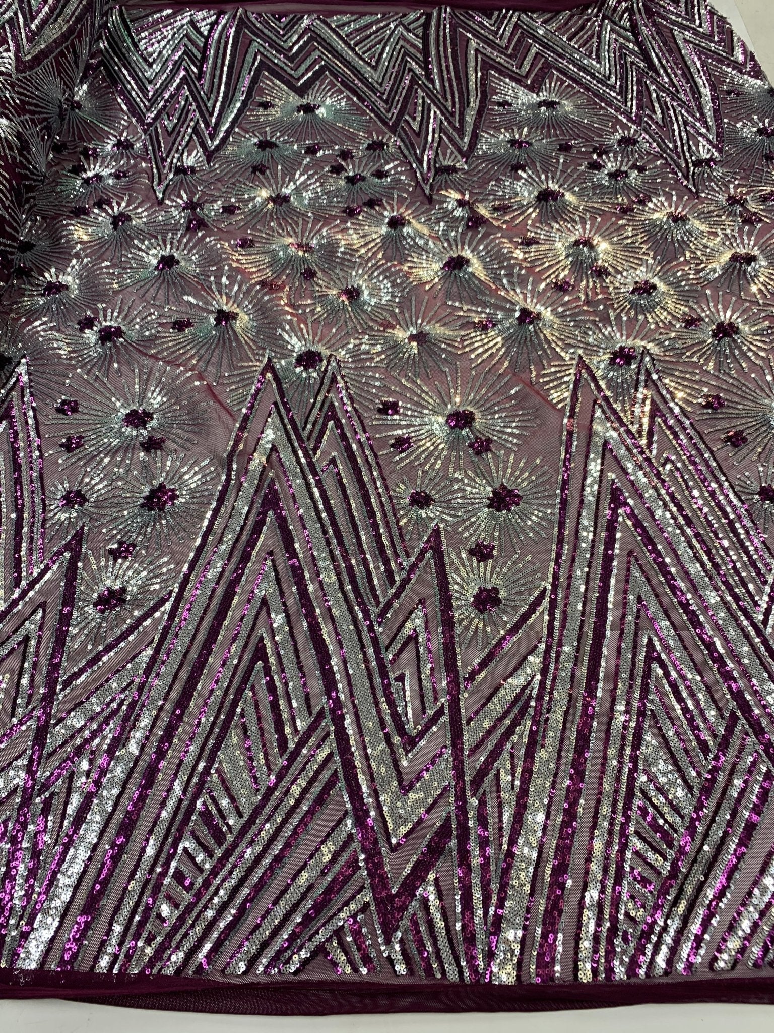 4 Way Stretch Iridescent Geometric Sequin Embroidered Mesh Lace FabricICEFABRICICE FABRICSPlum IridescentBy The Yard (58" Wide)4 Way Stretch Iridescent Geometric Sequin Embroidered Mesh Lace Fabric ICEFABRIC |Plum Iridescent