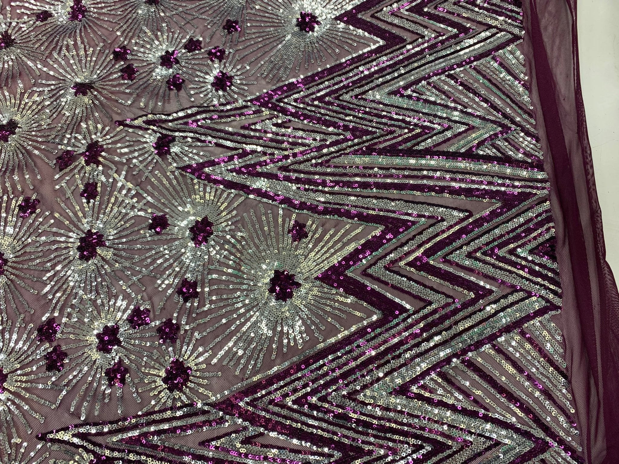 4 Way Stretch Iridescent Geometric Sequin Embroidered Mesh Lace FabricICEFABRICICE FABRICSPlum IridescentBy The Yard (58" Wide)4 Way Stretch Iridescent Geometric Sequin Embroidered Mesh Lace Fabric ICEFABRIC |Plum Iridescent