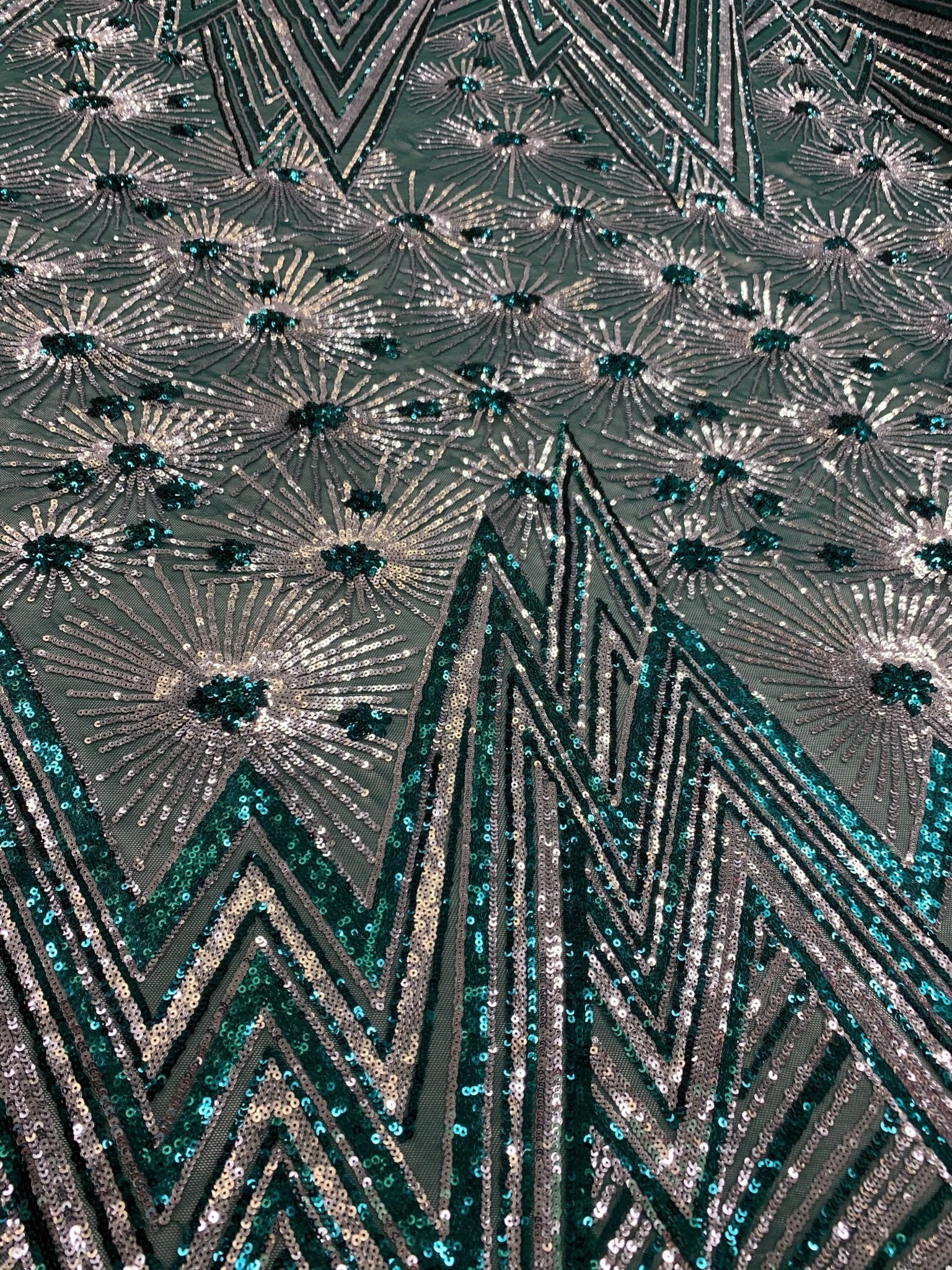 4 Way Stretch Iridescent Geometric Sequin Embroidered Mesh Lace FabricICEFABRICICE FABRICSHunter Green IridescentBy The Yard (58" Wide)4 Way Stretch Iridescent Geometric Sequin Embroidered Mesh Lace Fabric ICEFABRIC |Hunter Green Iridescent