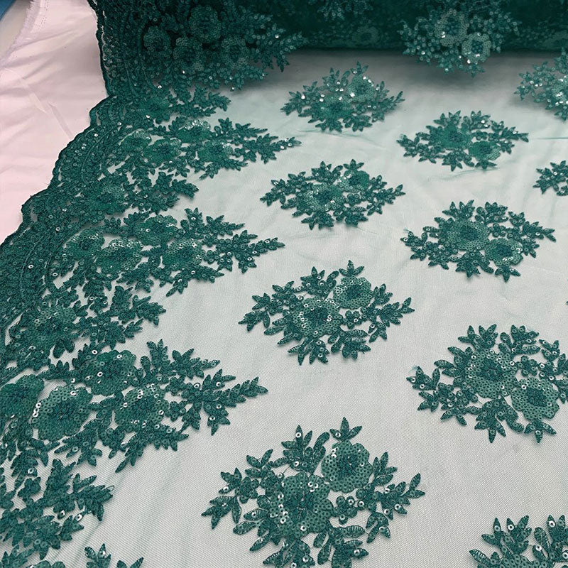 Embroidered Corded Metallic Flowers On Mesh Lace Fabric With SequinsICEFABRICICE FABRICSHunter GreenEmbroidered Corded Metallic Flowers On Mesh Lace Fabric With Sequins ICEFABRIC Hunter Green