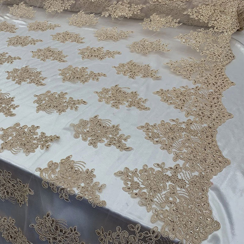 Embroidered Mesh lace Floral Design Fabric With Sequins By The YardICEFABRICICE FABRICSChampagneEmbroidered Mesh lace Floral Design Fabric With Sequins By The Yard ICEFABRIC Champagne