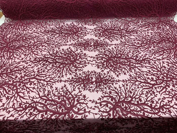 Tree Design Floral Embroidered Mesh Lace Fabric Sold By The YardICEFABRICICE FABRICSMagentaTree Design Floral Embroidered Mesh Lace Fabric Sold By The Yard ICEFABRIC