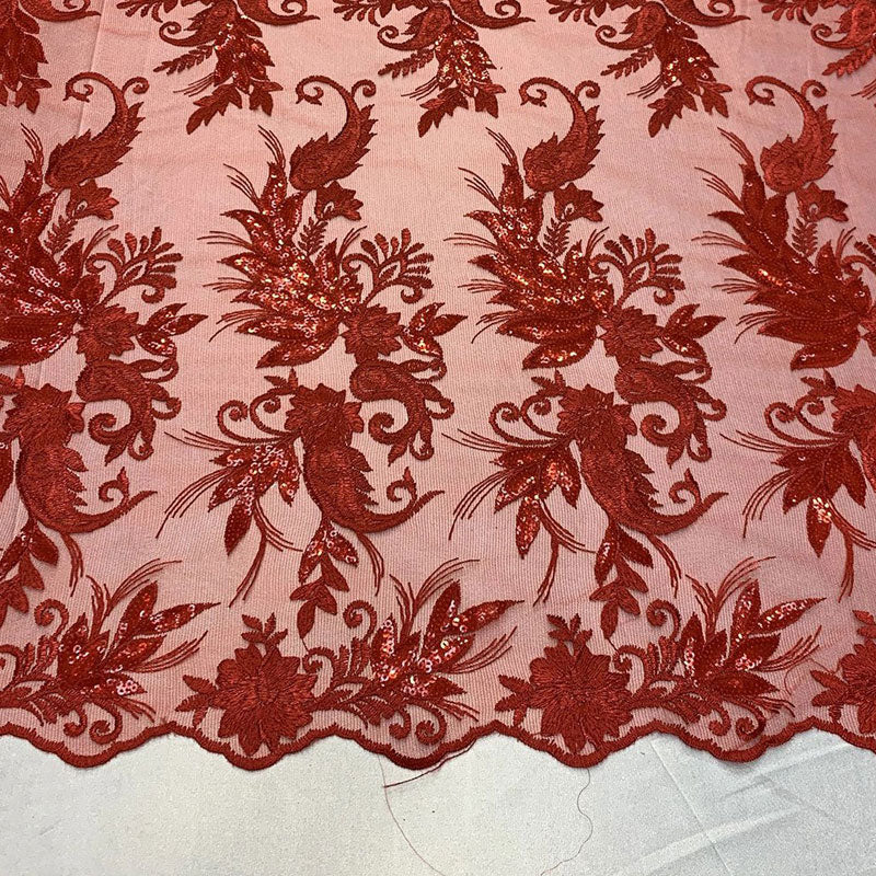 Handmade Floral Mesh Lace Embroidered Fabric By The YardICEFABRICICE FABRICSPinkHandmade Floral Mesh Lace Embroidered Fabric By The Yard ICEFABRIC Red