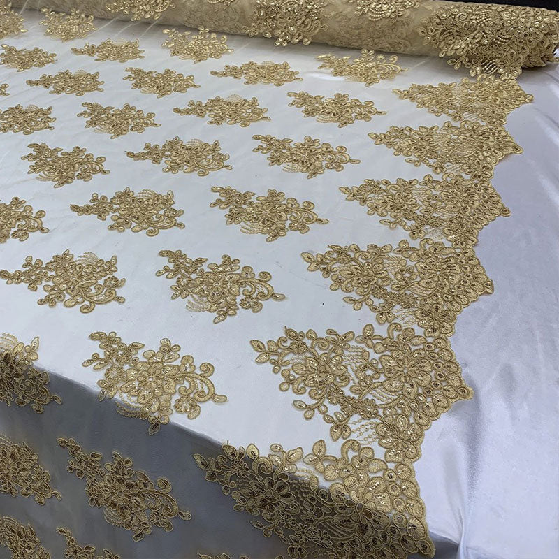 Embroidered Mesh lace Floral Design Fabric With Sequins By The YardICEFABRICICE FABRICSGoldEmbroidered Mesh lace Floral Design Fabric With Sequins By The Yard ICEFABRIC Gold