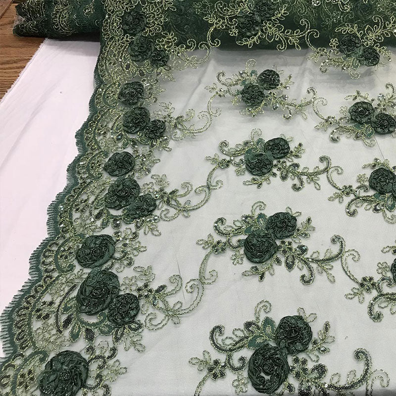 Embroidered Mesh Lace Flower Design With Sequins FabricICEFABRICICE FABRICSHunter GreenEmbroidered Mesh Lace Flower Design With Sequins Fabric ICEFABRIC Hunter Green