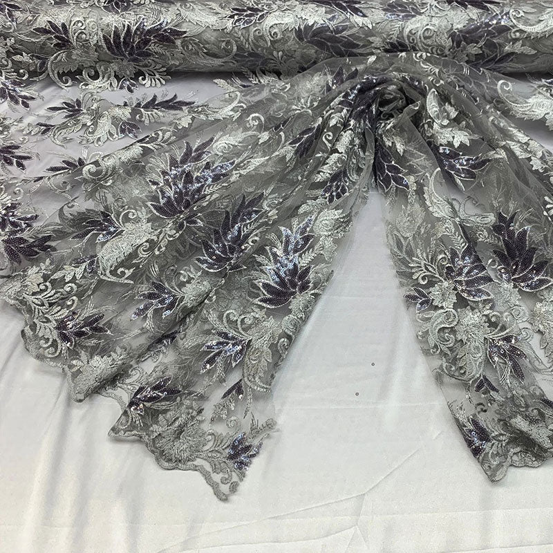 Handmade Floral Mesh Lace Embroidered Fabric By The YardICEFABRICICE FABRICSGrayHandmade Floral Mesh Lace Embroidered Fabric By The Yard ICEFABRIC Gray