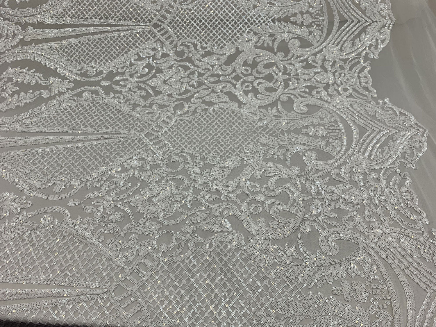 BY THE YARD/ Geometric Design Mesh Lace Fabric Sequins 4 Way Stretch On A White Mesh/Handmade Lace Embroider Prom/Gowns/Wedding DressICE FABRICSICE FABRICSGreenBY THE YARD/ Geometric Design Mesh Lace Fabric Sequins 4 Way Stretch On A White Mesh/Handmade Lace Embroider Prom/Gowns/Wedding Dress ICE FABRICS White