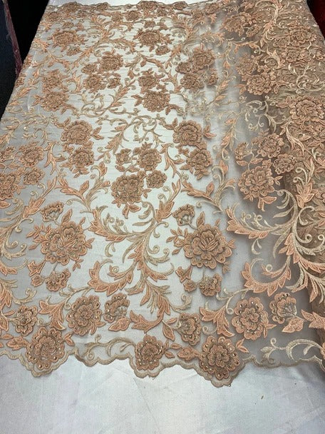Hand Beaded Lace Fabric - Embroidery Floral Lace With Sequins And FlowersICE FABRICSICE FABRICSPeach/ BlushHand Beaded Lace Fabric - Embroidery Floral Lace With Sequins And Flowers ICE FABRICS Peach/ Blush