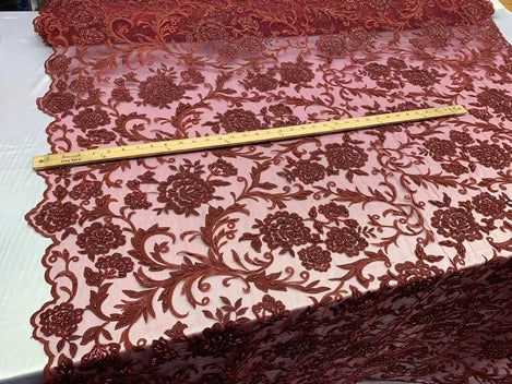 Hand Beaded Lace Fabric - Embroidery Floral Lace With Sequins And FlowersICE FABRICSICE FABRICSPeach/ BlushHand Beaded Lace Fabric - Embroidery Floral Lace With Sequins And Flowers ICE FABRICS Burgundy