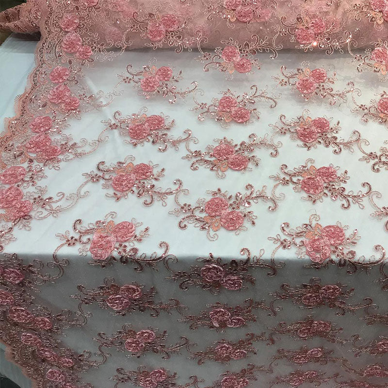 Embroidered Mesh Lace Flower Design With Sequins FabricICEFABRICICE FABRICSDusty RoseEmbroidered Mesh Lace Flower Design With Sequins Fabric ICEFABRIC Coral