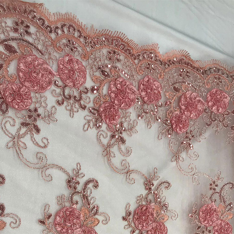 Embroidered Mesh Lace Flower Design With Sequins FabricICEFABRICICE FABRICSDusty RoseEmbroidered Mesh Lace Flower Design With Sequins Fabric ICEFABRIC Coral