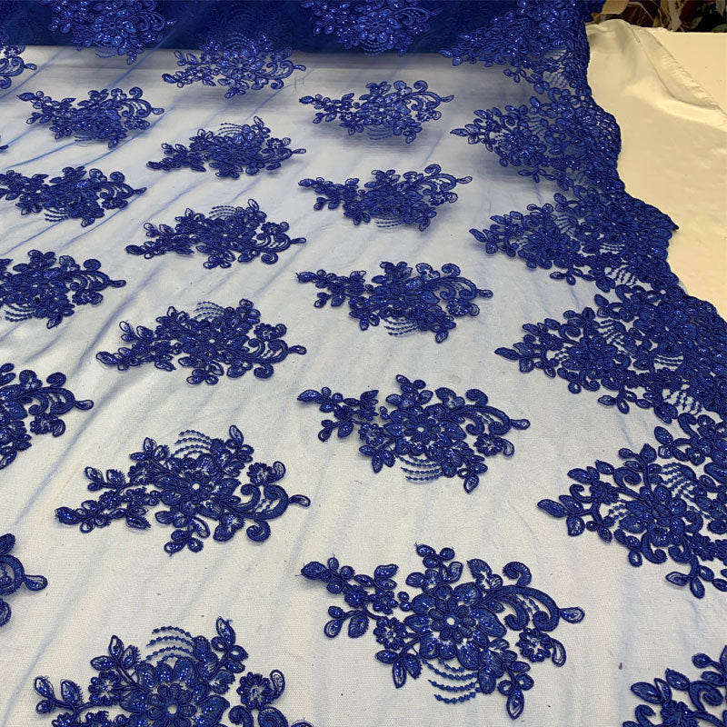 Embroidered Mesh lace Floral Design Fabric With Sequins By The YardICEFABRICICE FABRICSRoyal BlueEmbroidered Mesh lace Floral Design Fabric With Sequins By The Yard ICEFABRIC Royal Blue