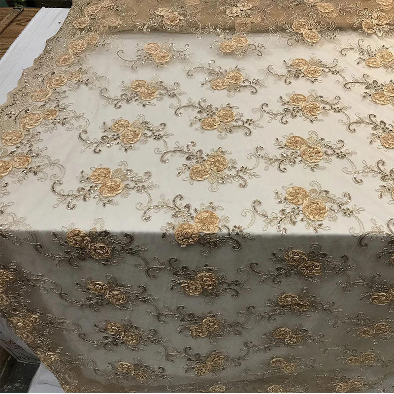 Embroidered Mesh Lace Flower Design With Sequins FabricICEFABRICICE FABRICSGoldEmbroidered Mesh Lace Flower Design With Sequins Fabric ICEFABRIC Champagne