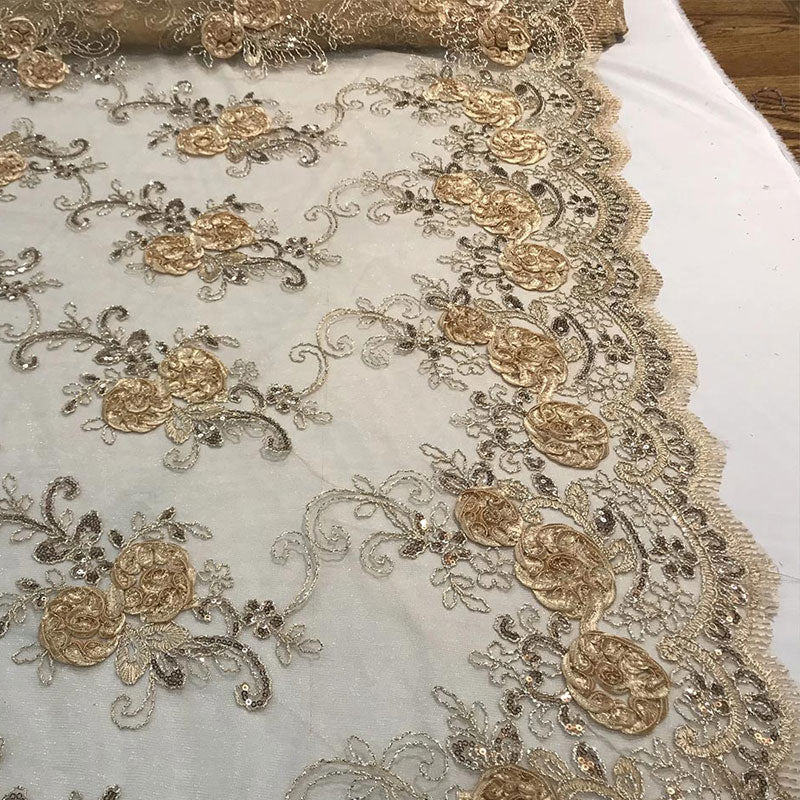 Embroidered Mesh Lace Flower Design With Sequins FabricICEFABRICICE FABRICSGoldEmbroidered Mesh Lace Flower Design With Sequins Fabric ICEFABRIC Champagne