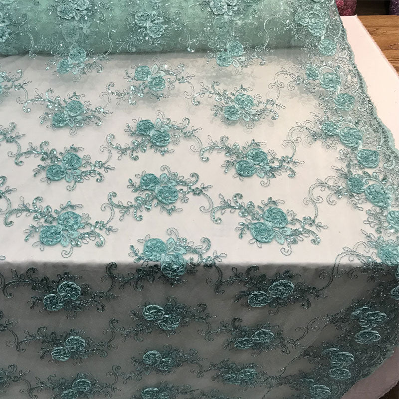 Embroidered Mesh Lace Flower Design With Sequins FabricICEFABRICICE FABRICSGoldEmbroidered Mesh Lace Flower Design With Sequins Fabric ICEFABRIC Mint