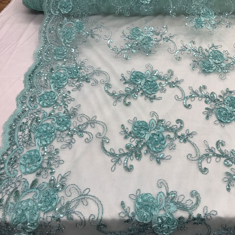 Embroidered Mesh Lace Flower Design With Sequins FabricICEFABRICICE FABRICSMintEmbroidered Mesh Lace Flower Design With Sequins Fabric ICEFABRIC Mint