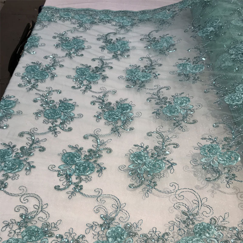 Embroidered Mesh Lace Flower Design With Sequins FabricICEFABRICICE FABRICSMintEmbroidered Mesh Lace Flower Design With Sequins Fabric ICEFABRIC Mint
