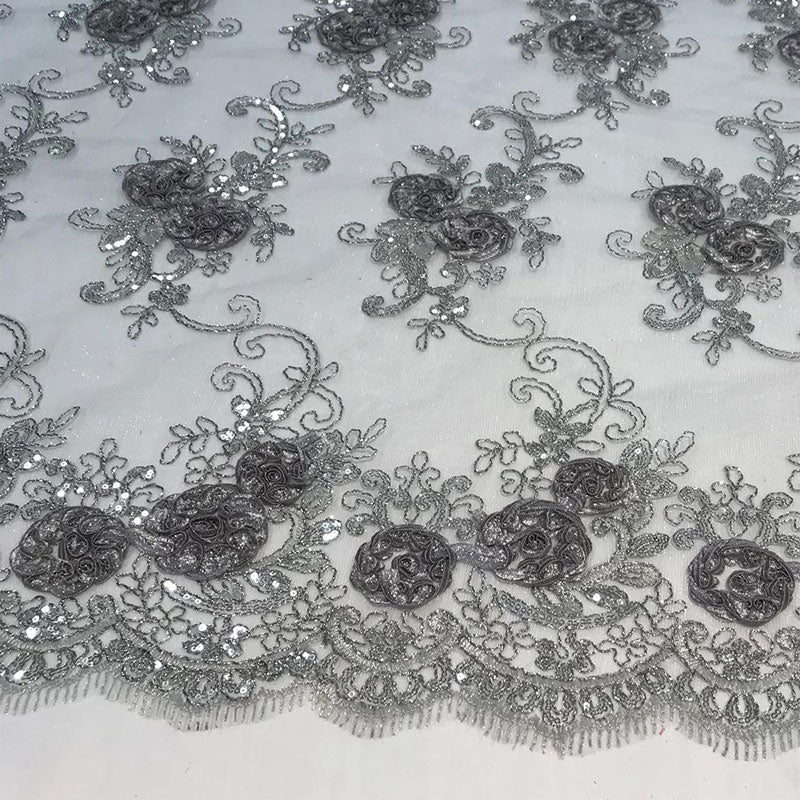 Embroidered Mesh Lace Flower Design With Sequins FabricICEFABRICICE FABRICSSilver/GrayEmbroidered Mesh Lace Flower Design With Sequins Fabric ICEFABRIC Silver/Gray
