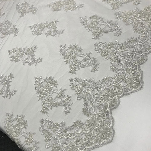 Floral Embroidered Bridal Wedding Beaded Mesh Lace FabricICEFABRICICE FABRICSWhiteFloral Embroidered Bridal Wedding Beaded Mesh Lace Fabric ICEFABRIC White