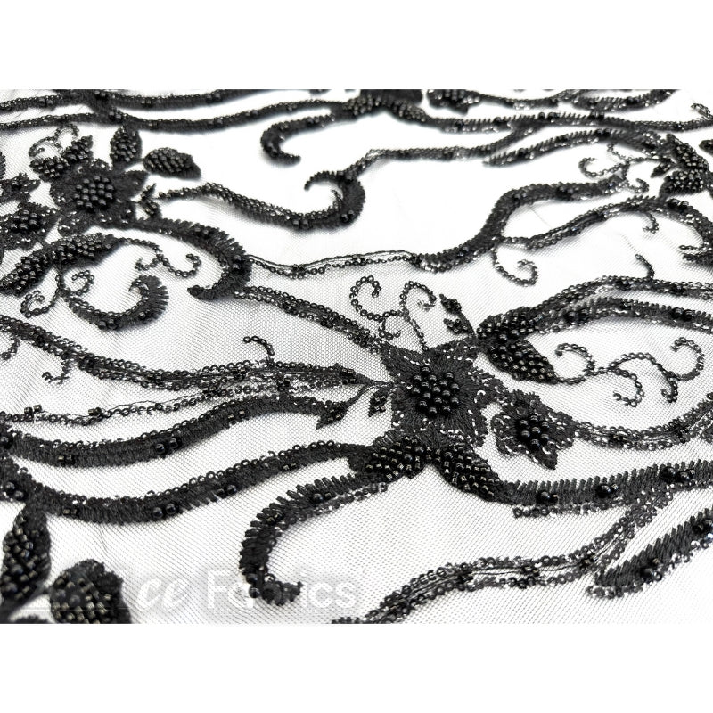 Black Floral Beaded Lace Fabric By The Yard Embroidered Fabric 3